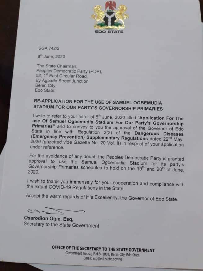 EDSG grants PDP approval to use the Samuel Ogbemudia Staduim for its Governorship Primaries.