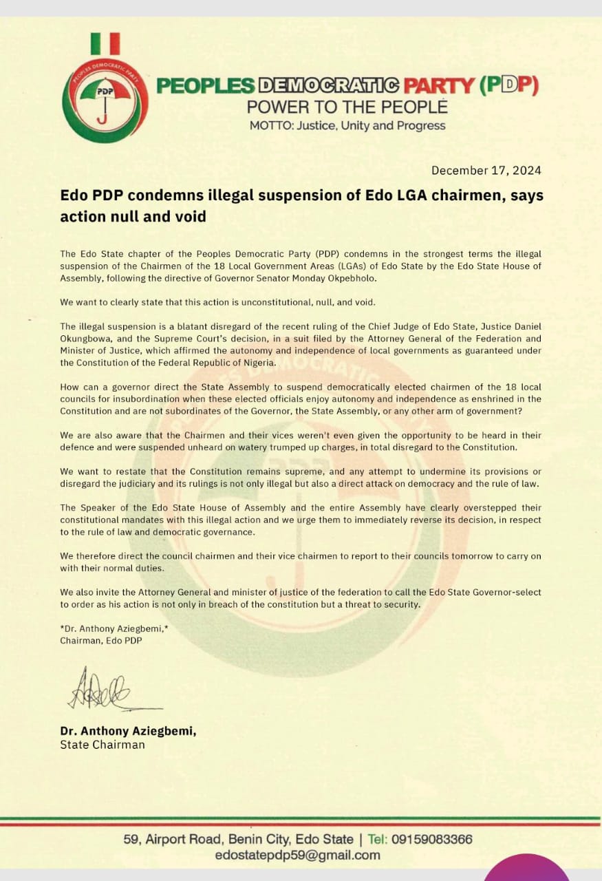 Edo PDP condemns illegal suspension of Edo LGA chairmen, says action null and void