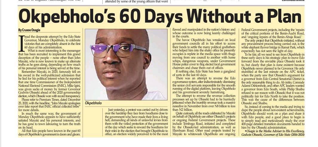 Okpebholo’s 60 Days Without a Plan By Crusoe Osagie